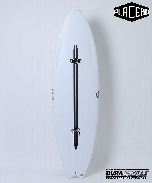 White surfboard with a dark vertical central logo and Placebo branding, standing upright against a pale background.