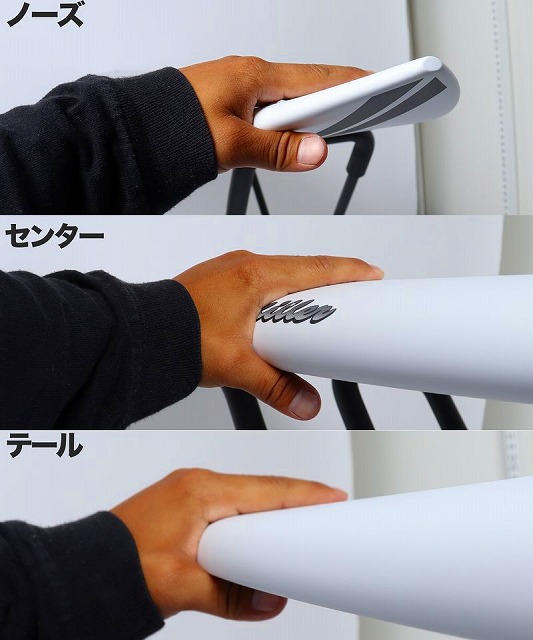 Three-panel sequence showing a hand holding a white board at the nose, center, and tail (labels read ノーズ, センター, テール).