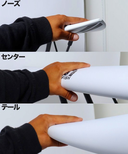 Three-panel instructional image showing a hand gripping a white cylindrical tube at the nose, center, and tail, with Japanese labels for each section (ノーズ, センター, テール).
