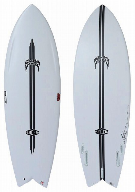 Two white surfboards with a bold vertical black stripe and crest logos, positioned side by side.