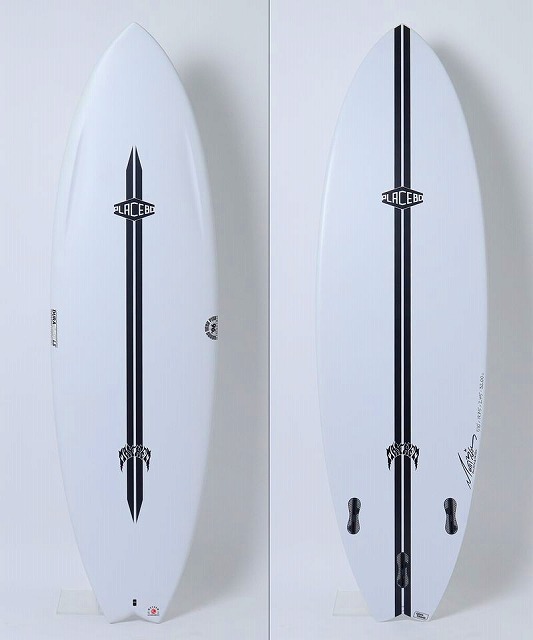 Two white surfboards with a bold black vertical stripe and logos, standing upright against a white background.