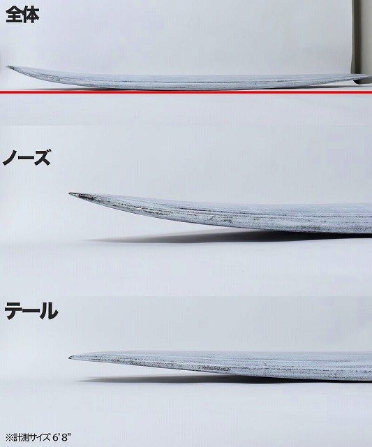Three-view diagram of a long, slender blade: an overall view, with zoomed-in nose and tail sections labeled in Japanese (Nose, Tail).