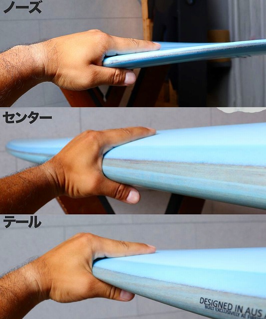 a-s_q_3SJw - SHOP NEWS | ムラサキスポーツオンラインストア 通販 Three panels showing a hand gripping a blue surfboard at the nose, center, and tail labeled in Japanese: ノーズ, センター, テール.