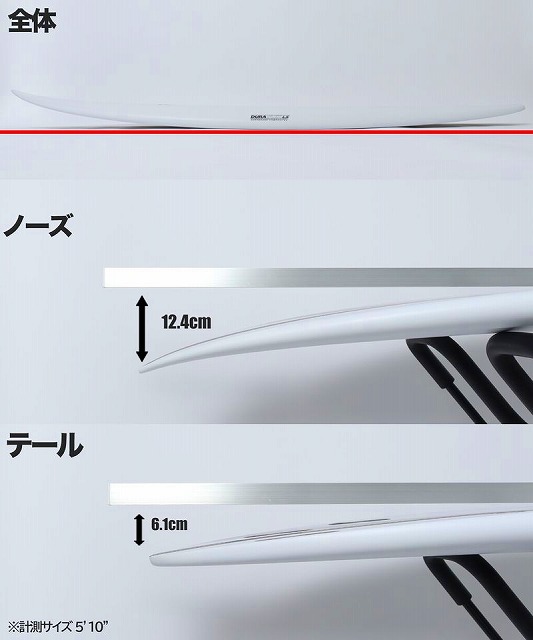 White sleek board diagram with section labels in Japanese: overall, nose, and tail; shows measurements nose 12.4 cm and tail 6.1 cm with arrows.