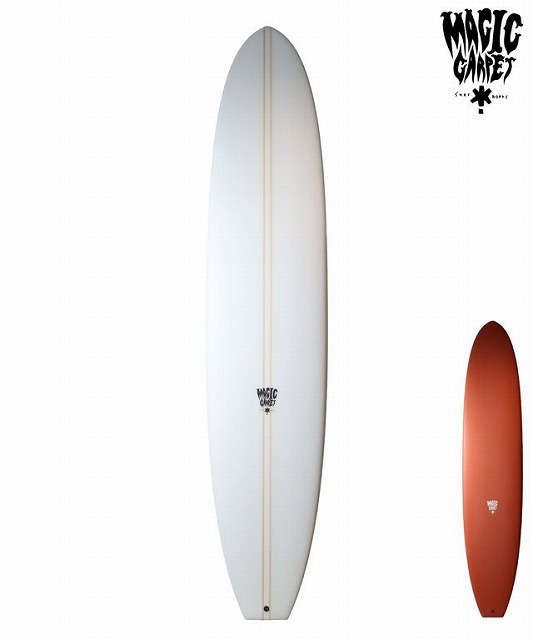 Two surfboards displayed against a white background: a tall white board with a beige centerline and a smaller orange board, both branded Magic Garrett.