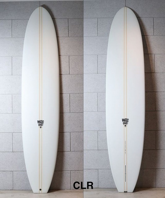 Two white surfboards with a wooden center stringer leaning against a tiled wall.
