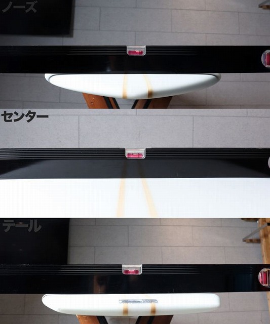 Three horizontal slices show a white surfboard viewed through black rails, with Japanese labels for Nose, Center, and Tail visible on the left.