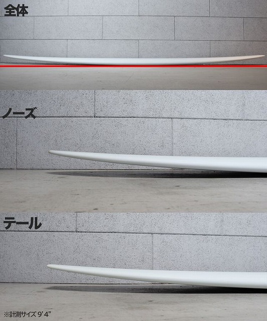 Long white surfboard resting on a gray stone wall, with Japanese labels for Overall, Nose, and Tail indicating its parts.