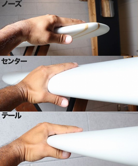 Three-panel shot of a hand gripping a white surfboard at the nose, center, and tail.