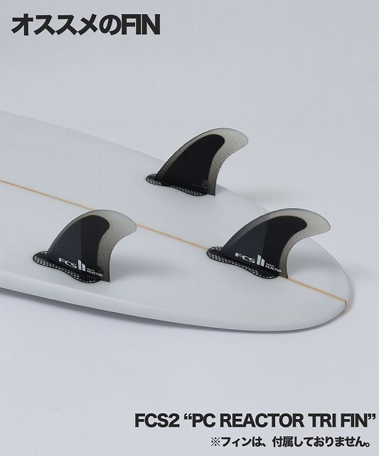 White surfboard fitted with three black FCS2 PC REACTOR Tri fins; caption below reads FCS2 'PC REACTOR TRI FIN'.