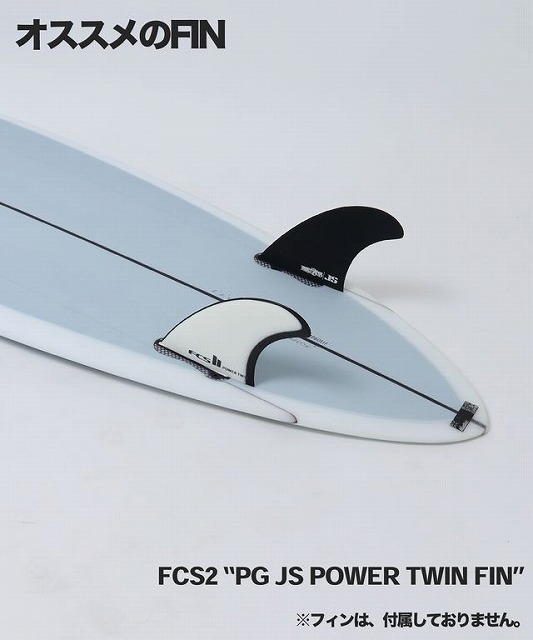 b-I0mp1Hcg - SHOP NEWS | ムラサキスポーツオンラインストア 通販 Surfboard with two FCS2 fins, a black rear fin and a white front fin, labeled 'PG JS POWER TWIN FIN' on a light background (Japan: 'Recommended Fin').