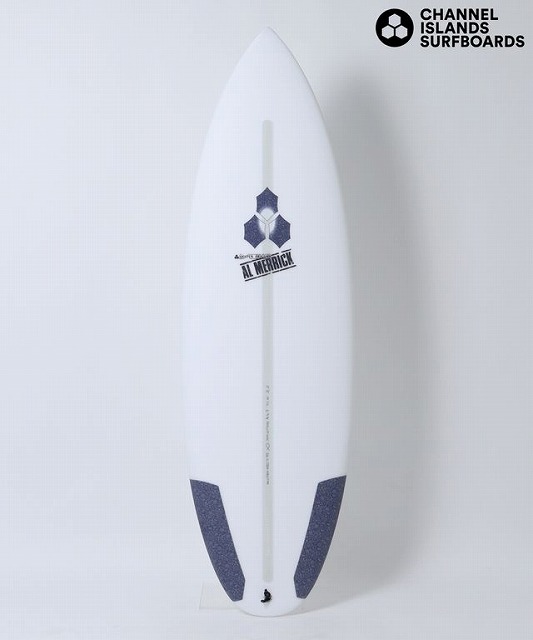 b-OqRZR0vg - SHOP NEWS | ムラサキスポーツオンラインストア 通販 White surfboard standing upright with blue tail pads and a central stringer; Channel Islands Surfboards logo visible in the upper right corner of the image.