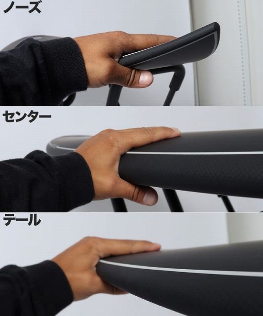 Three-panel image showing a hand gripping different sections (nose, center, tail) of a black curved object, with Japanese labels ノーズ, センター, テール.