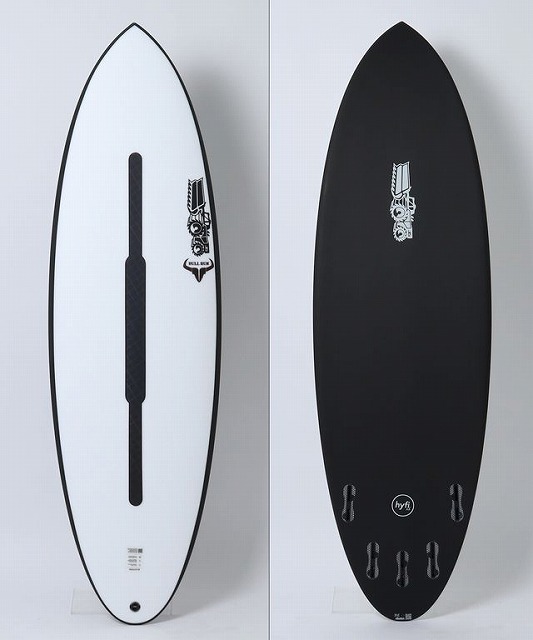 Pair of surfboards displayed upright side by side: a white board with a central dark slot and logos, and a black board with logo near the top and multiple fins at the tail end on the opposite side.