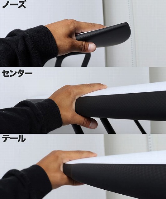 Three panels showing a hand gripping a curved black edge of a product, labeled in Japanese as Nose, Center, and Tail.