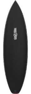 Black surfboard viewed from above with a small white logo in the middle area of the board.