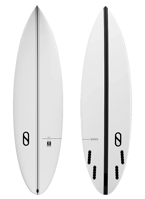 Two white surfboards shown side by side, displaying their bottom and center fin strings with multiple fin boxes along the rails.