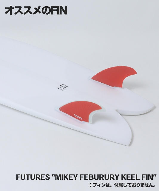 Two white surfboards with bright red keel fins; caption reads 'FUTURES MIKEY FEBURURY KEEL FIN'.