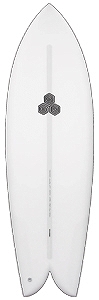 White shortboard surfboard with a central stringer and a small circular logo midboard.