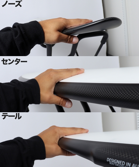 Hands press along the edge of a board at three labeled positions—nose, center, and tail—to show the edge shape and texture (top-to-bottom images).