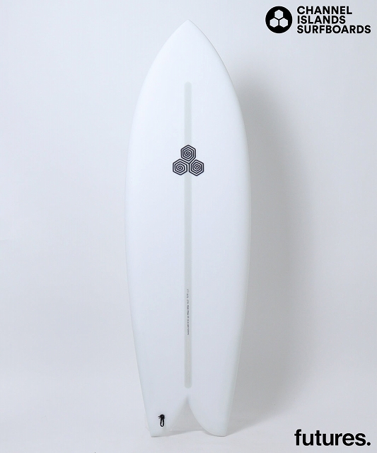 White surfboard with a subtle central stripe; Channel Islands Surfboards logo in the top-right corner and Futures logo in the bottom-right corner.