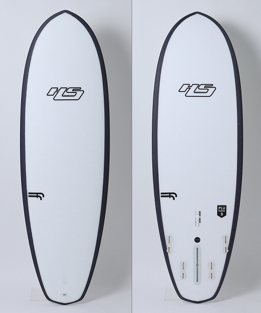 Two white surfboards with black rails stand upright side by side, each bearing an HS logo.