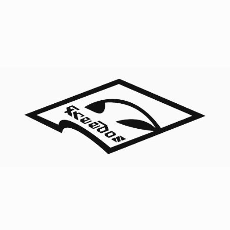 Logo of a tilted diamond outline with a curved arc and the word 'freedom' along the curve.
