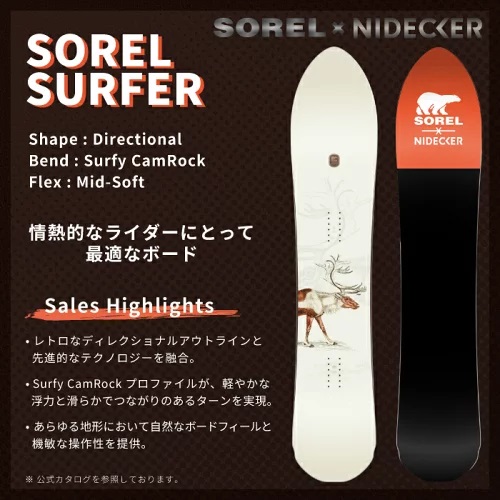 27nid00134_3 - SHOP NEWS | ムラサキスポーツオンラインストア 通販 Advertisement poster for the Sorel Surfer snowboard showing a white directional board with illustration beside a black-and-orange board and product text in Japanese and English.