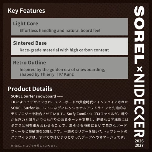27nid00134_5 - SHOP NEWS | ムラサキスポーツオンラインストア 通販 SOREL x NIDECKER product sheet with Key Features: Light Core, Sintered Base, Retro Outline, plus a bilingual Product Details text block.