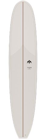 White surfboard with a central brown stringer and a small black logo near the middle.
