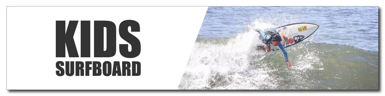 Banner with bold 'KIDS SURFBOARD' text on the left and a kid surfing a wave on the right.