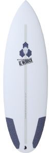 White surfboard with a blue geometric logo near the nose and dark blue tail patches, centered stringer visible.