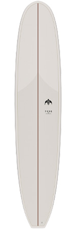 Cream surfboard with a brown center stringer and thin outline; small black horse logo near the center.