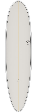 Cream-colored surfboard with an orange center stringer and a small logo on the right side.