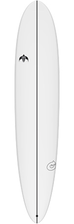 White surfboard with a central black stringer, small logos near the nose and tail on a plain white board.