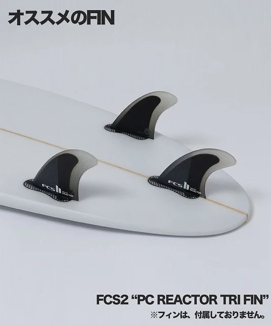 White surfboard tail displayed with three black FCS2 Reactor Tri fins, indicating recommended fins; note says fins are not included.