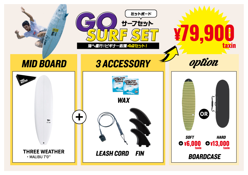 MID_BOARD_SET_1_hard_a4 - SHOP NEWS | ムラサキスポーツオンラインストア 通販 Advertisement for GO SURF SET featuring a surfboard bundle: top banner with GO SURF SET, a surfer riding a wave on the left, price ¥79,900 (taxin) on a yellow burst, three sections: MID BOARD with a white Malibu 7'0" board, 3 ACCESSORY showing wax, leash cord, and fin, and OPTION with a boardcase available in soft or hard versions.