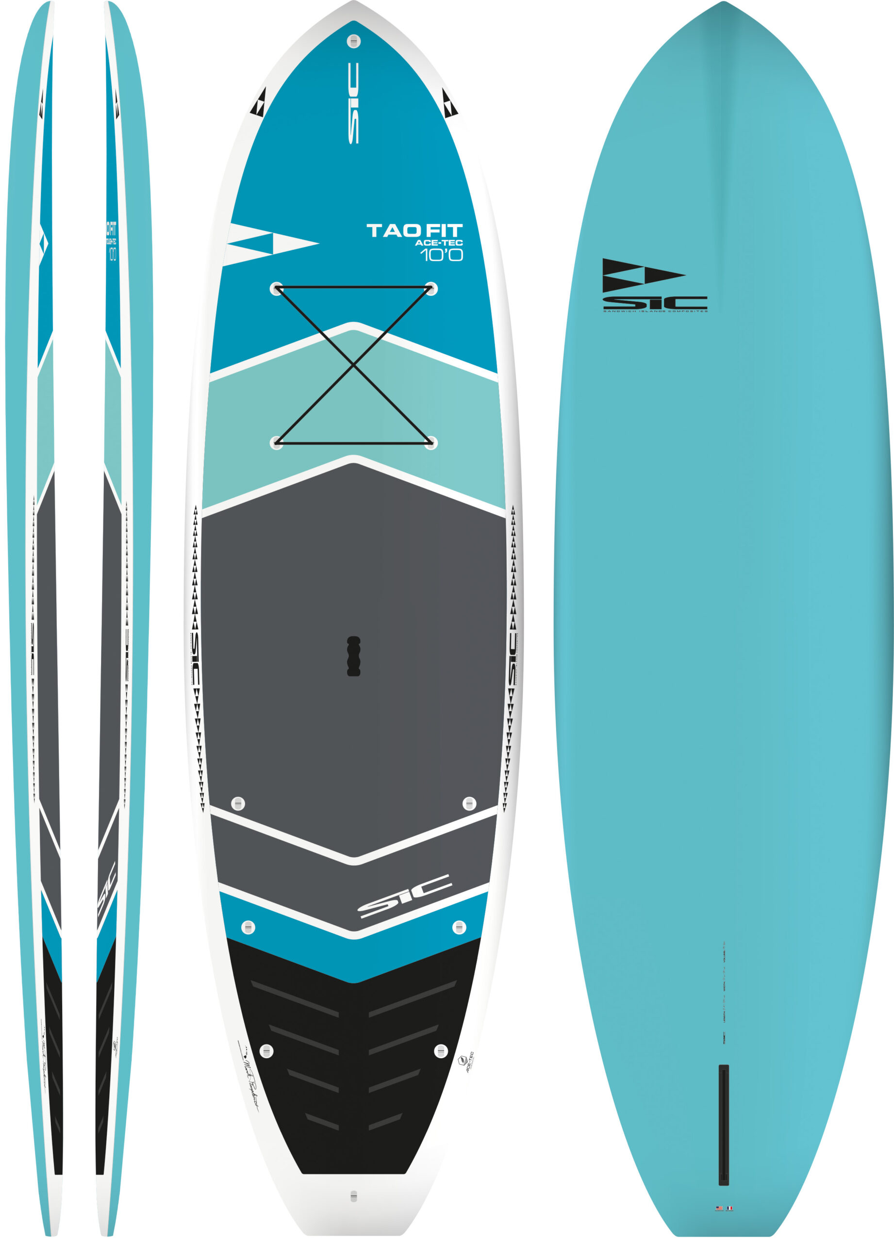 Three stand-up paddleboards (SUPs) in teal/blue, shown from side and top views with deck pad, bungee storage, and SIC branding.