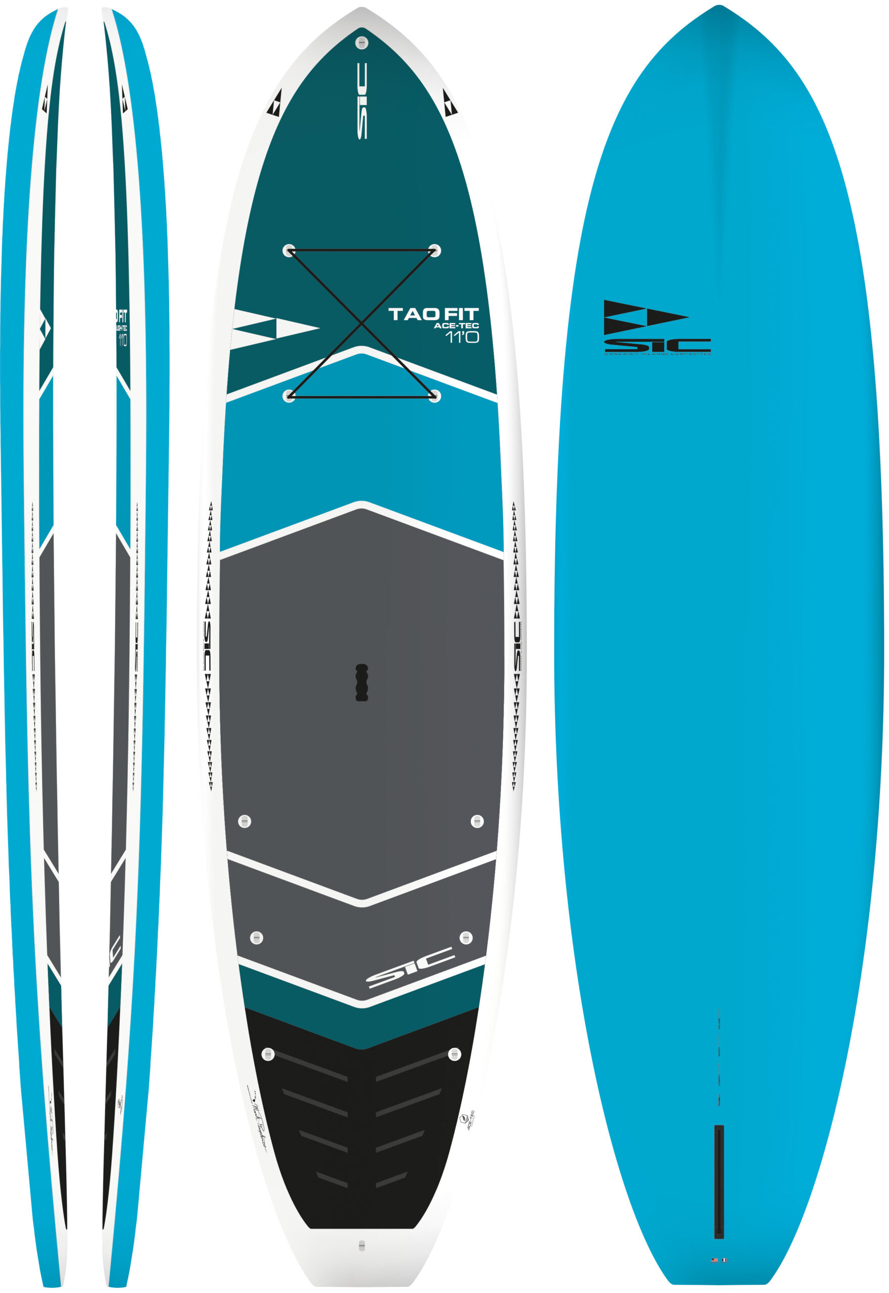 Three stand-up paddleboards (SUPs) in blue tones: two narrow boards on the left and a teal center board with bungee cords, white edges, and a gray deck; a solid blue board on the right with a SIC logo.
