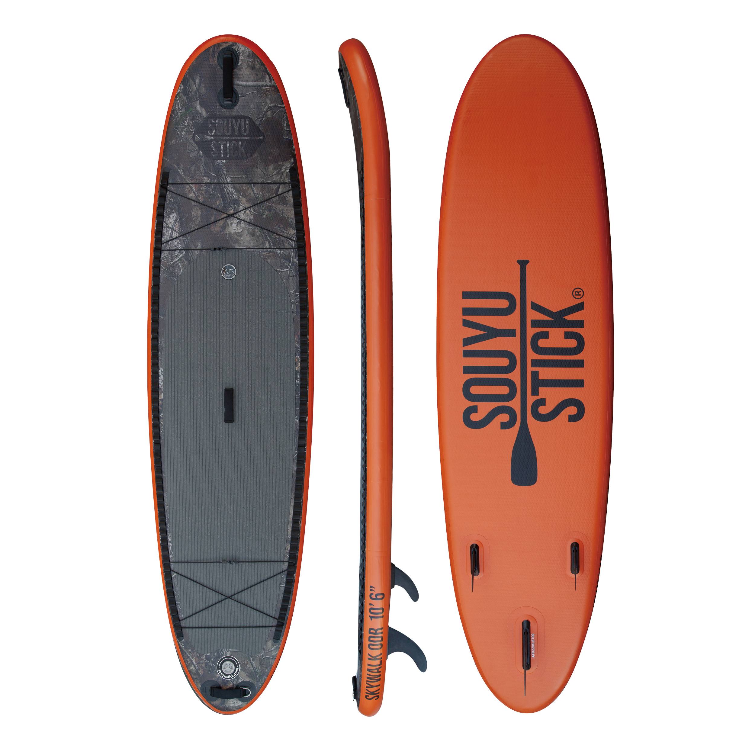 Two stand-up paddleboards shown side by side: left with a dark camo deck, right in solid orange, both with fins visible from top and side views.