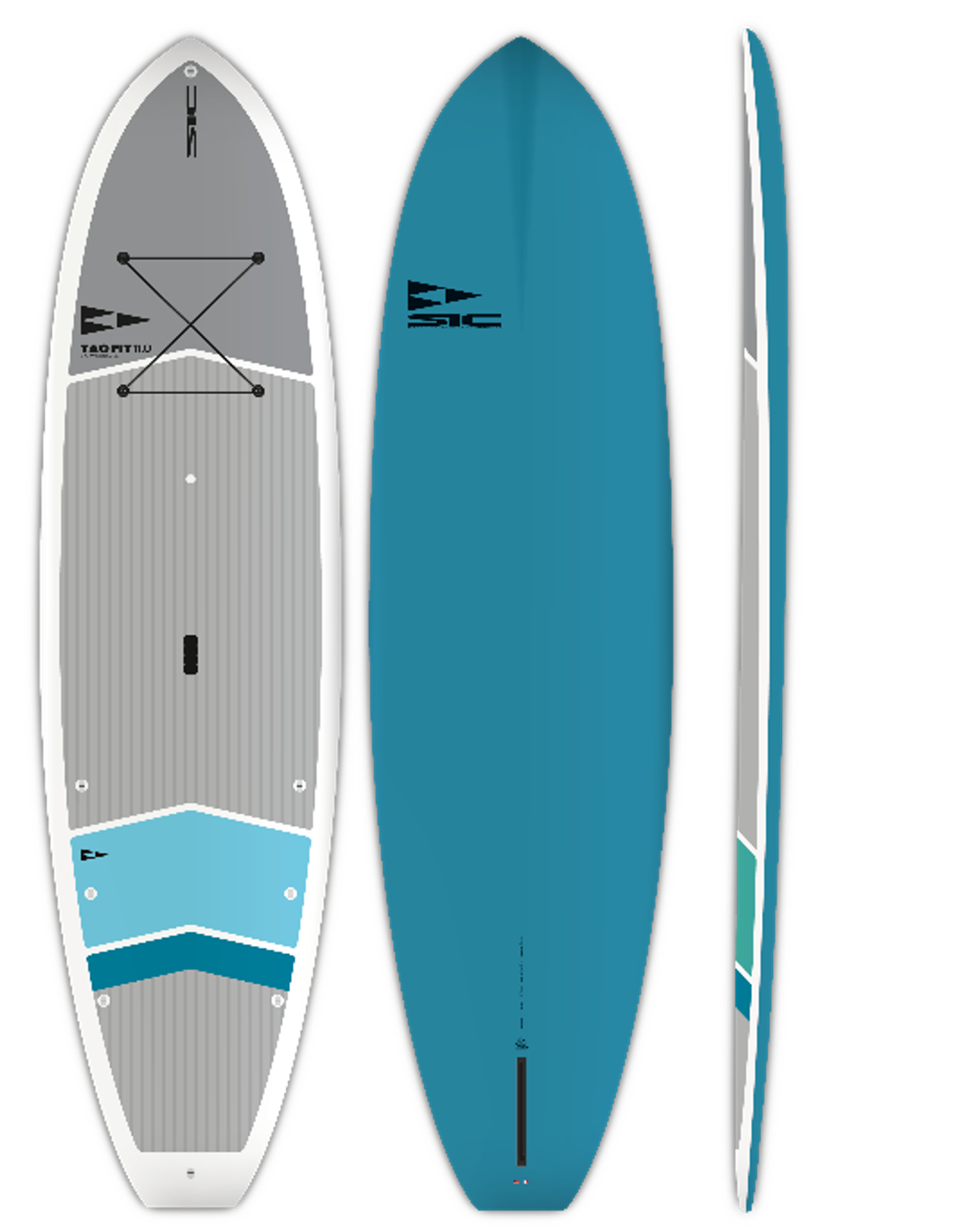 Row of three stand-up paddleboards (SUPs) shown from front and side: left gray with white border and deck pad, middle teal with logo, right narrow blue edge.