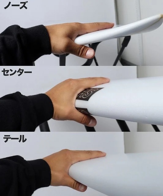 Triple-panel image showing a hand gripping a white board at its nose, center, and tail with Japanese labels (ノーズ, センター, テール).