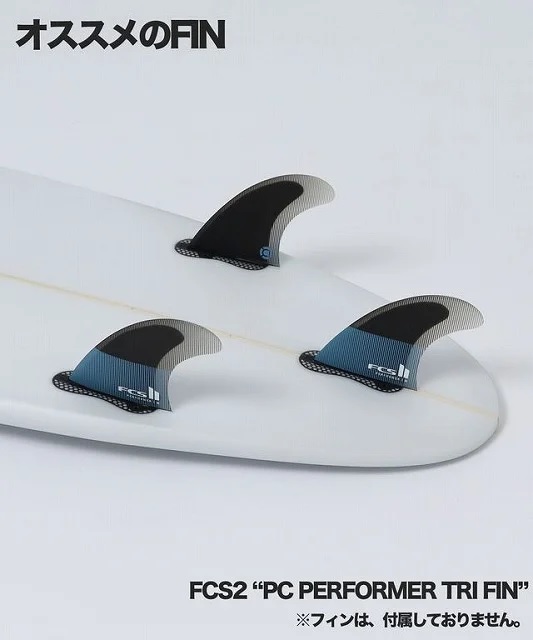 Surfboard with three FCS2 PC Performer Tri Fin fins mounted; Japanese text 'オススメのFIN' above.
