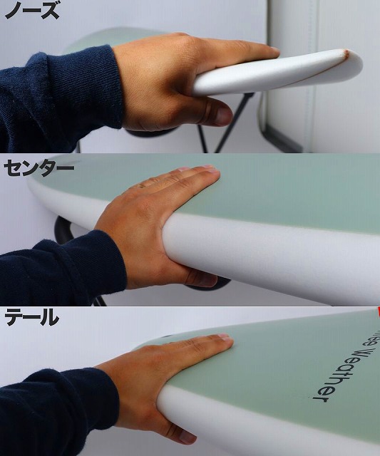 a-P9xIsMQg - SHOP NEWS | ムラサキスポーツオンラインストア 通販 Three-panel image showing a hand gripping the edge of a light-green board at the nose, center, and tail (labels in Japanese).