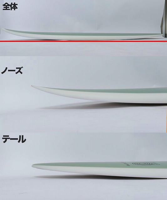 a-SykCqWrw - SHOP NEWS | ムラサキスポーツオンラインストア 通販 Triptych-style image showing a white surfboard from the side in three panels labeled overall, nose, and tail; focuses on different sections of the board.
