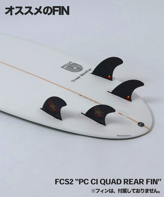 a-bh8IDahg - SHOP NEWS | ムラサキスポーツオンラインストア 通販 White surfboard with four black FCS2 quad rear fins installed, captioned 'FCS2 "PC CI QUAD REAR FIN"' indicating recommended fins.