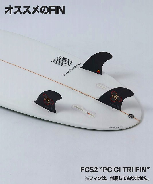 a-uZLUv7bA - SHOP NEWS | ムラサキスポーツオンラインストア 通販 Close-up of a white surfboard with three black fins mounted, labeled FCS2 PC CI TRI FIN, on a light background (recommended fins).