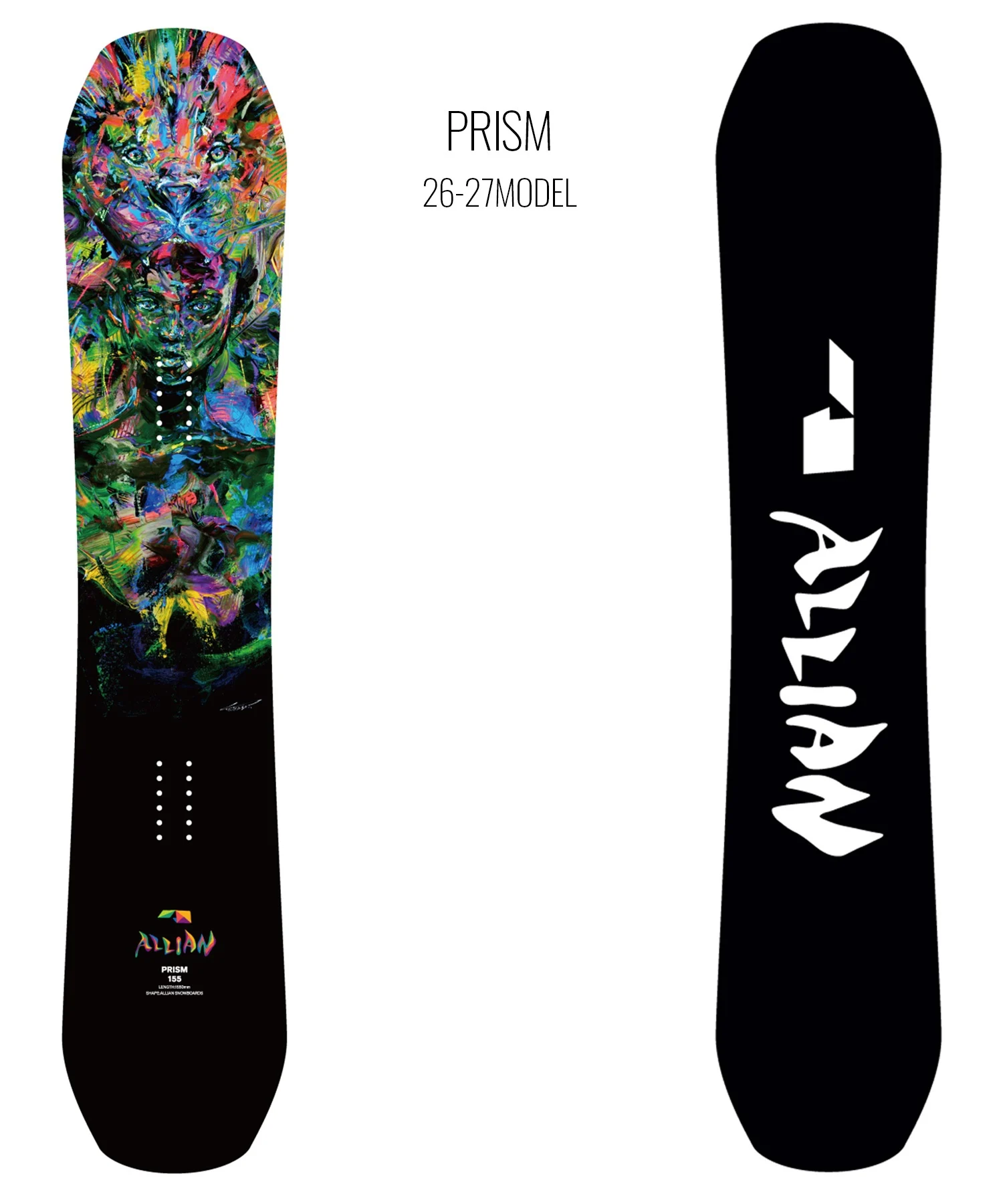 Two snowboards facing up: the left board features colorful abstract portrait art, the right board is black with white shapes; centered text reads PRISM 26-27 MODEL.