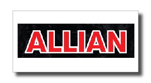 Allian logo: bold red uppercase letters with white outline on a black rectangle background