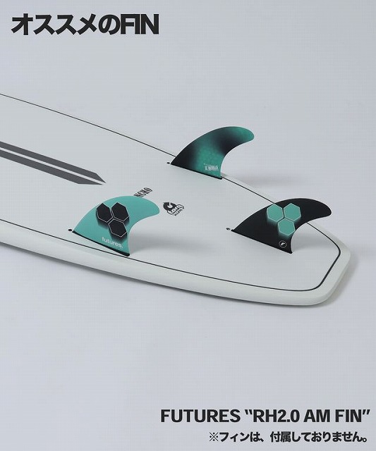 Surfboard with three turquoise and black Futures RH2.0 AM fins mounted; header in Japanese saying 'Recommended fins' (オススメのFIN).